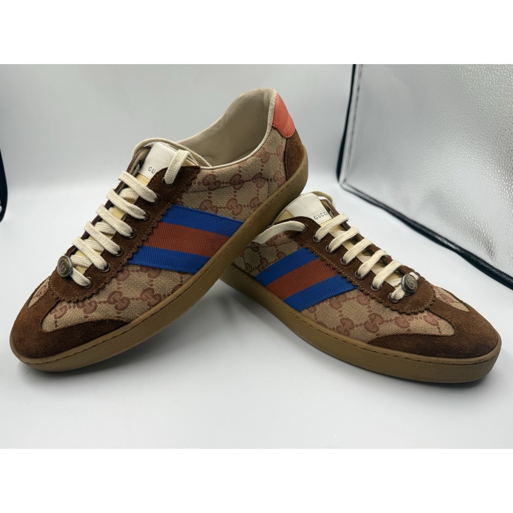 Gucci Screener Men's Sneakers GG Monogram Brown Suede Web Red Blue Size 10 US 11